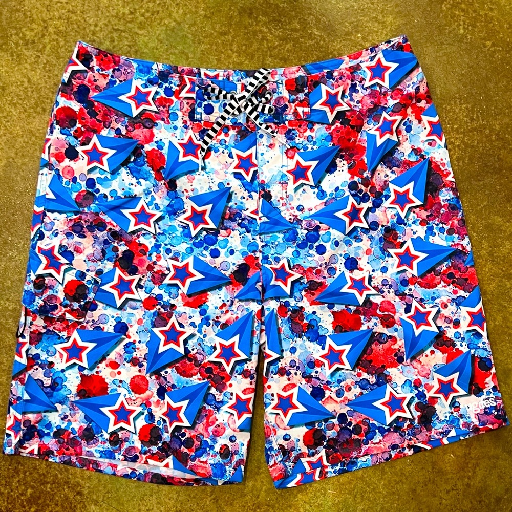 NWOT  Men’s Dolfin Uglies Board Shorts Size L Red, White, & Blue With Tie Waist